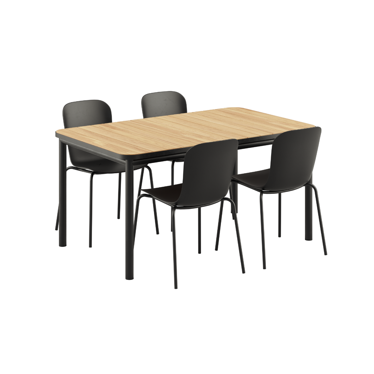 Kirra Dining Table 150x90 med svart Patio Chair no. One S1-stoler i svart, utendørs spisebordsett.