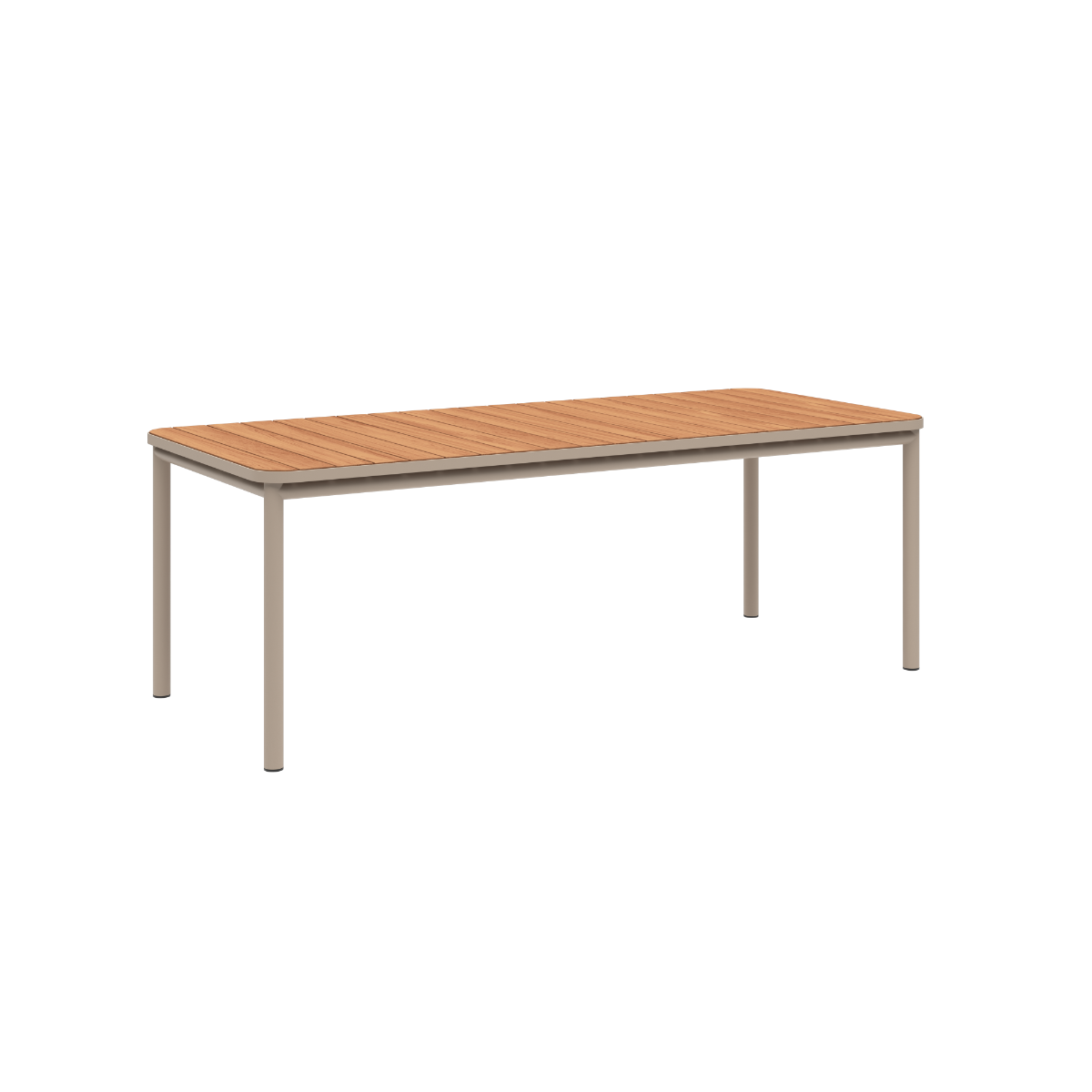 Kirra Dining Table 210x90 i taupe pulverlakkert aluminium med ubehandlet teakplate, utendørs spisebord.