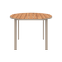 Kirra Dining Table Ø110 i taupe pulverlakkert aluminium med ubehandlet teakbordplate for utendørs bruk.