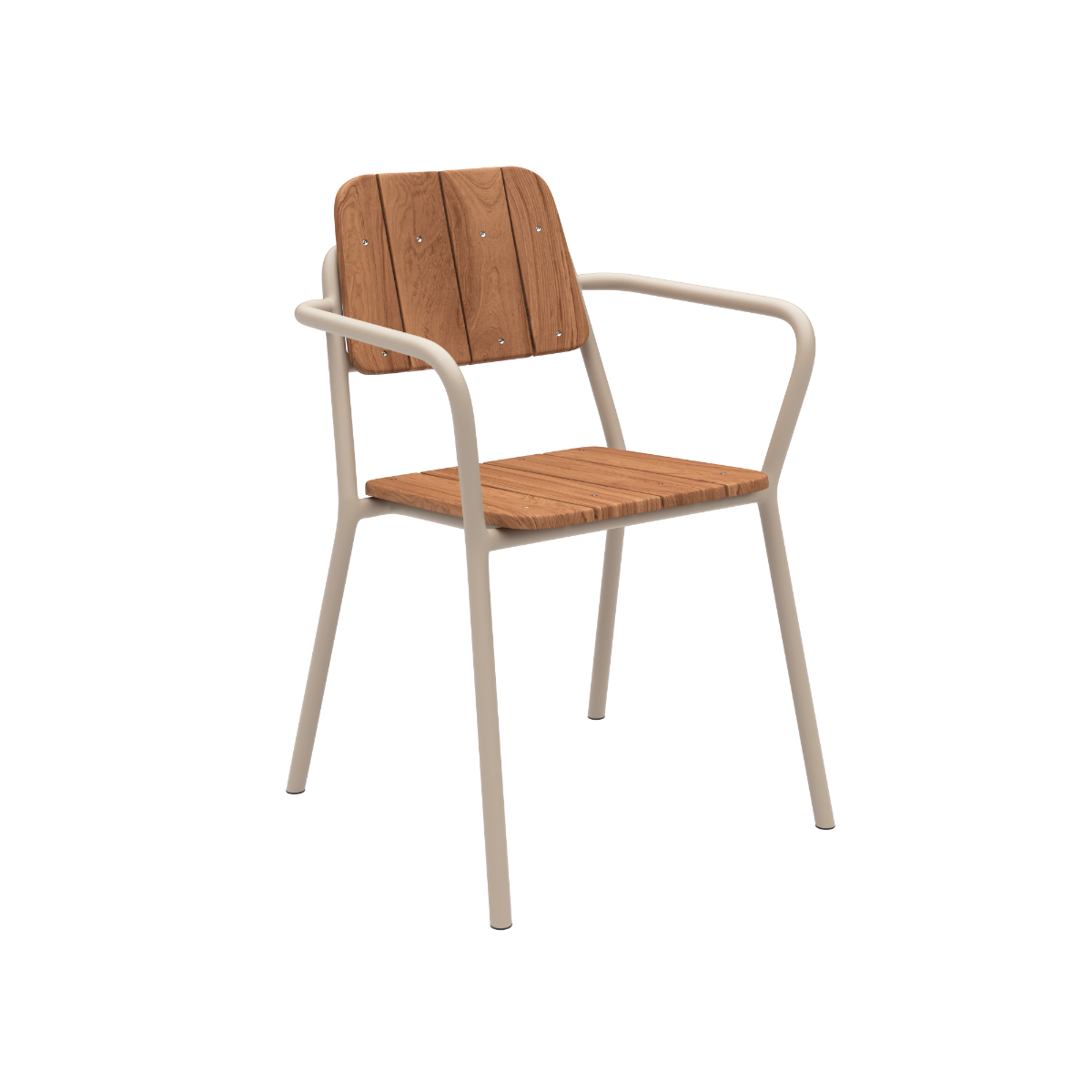 Kirra Patio Chair i taupe med pulverlakkert aluminium og ubehandlet teaktre, utendørs hagestol.