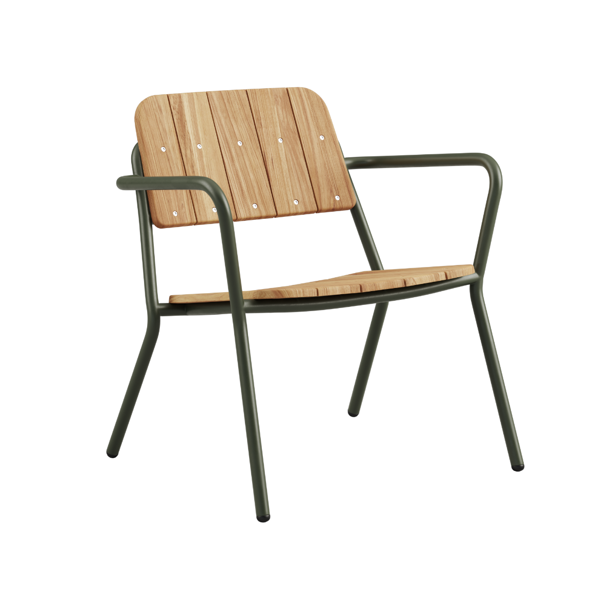 Kirra Patio Lounge Chair i olivengrønn med pulverlakkert aluminium og ubehandlet teaktre.