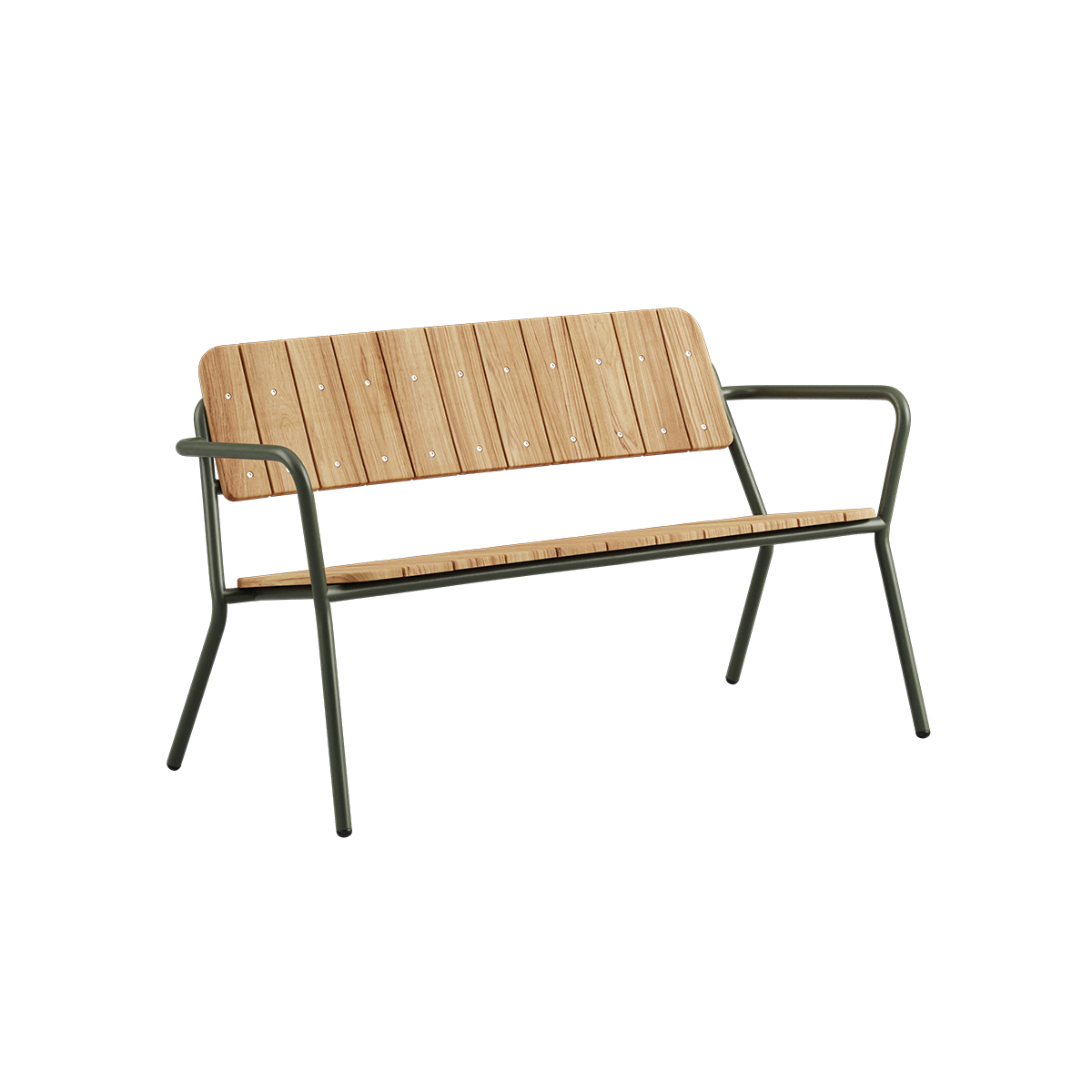 Kirra Patio Bench i olivengrønn pulverlakkert aluminium med ubehandlet teaktre, utendørs benk.