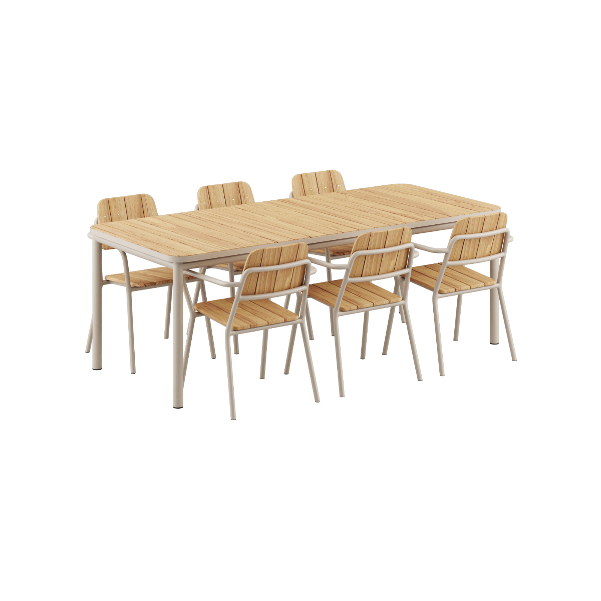 Kirra Dining Table 210x90 cm with six Taupe Kirra Patio Chairs in outdoor setting