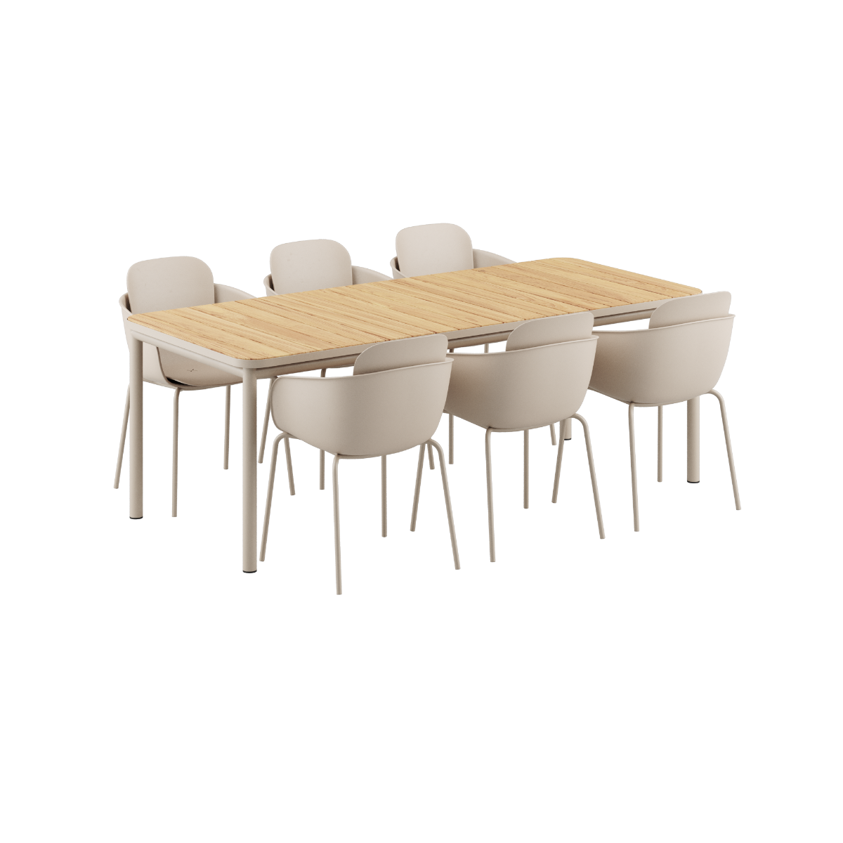 Kirra Dining Table 210x90 taupe med 6 Patio Chair no. One S2 i taupe, utendørs spisebordsett.