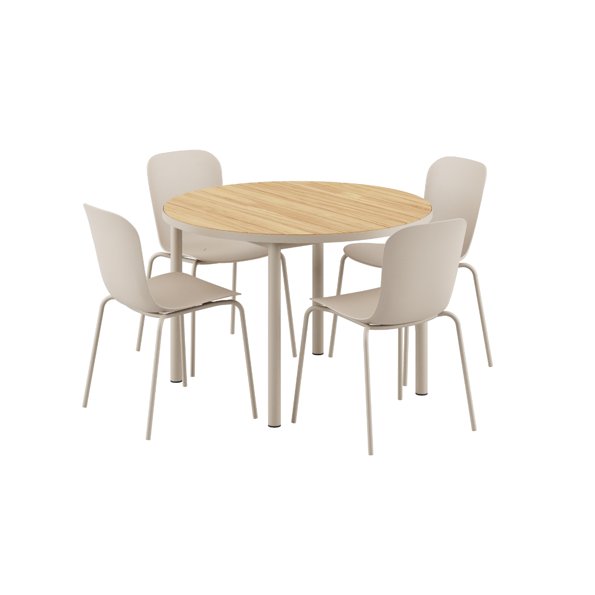 Kirra Dining Table Ø110 taupe med 4 Patio Chair No. One S1 taupe i utendørsmiljø.