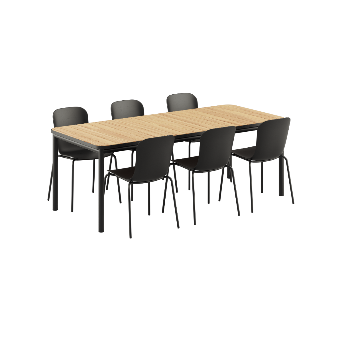 Kirra Dining Table 210x90 cm med seks Patio Chair no. One S1 i sort aluminium og teak