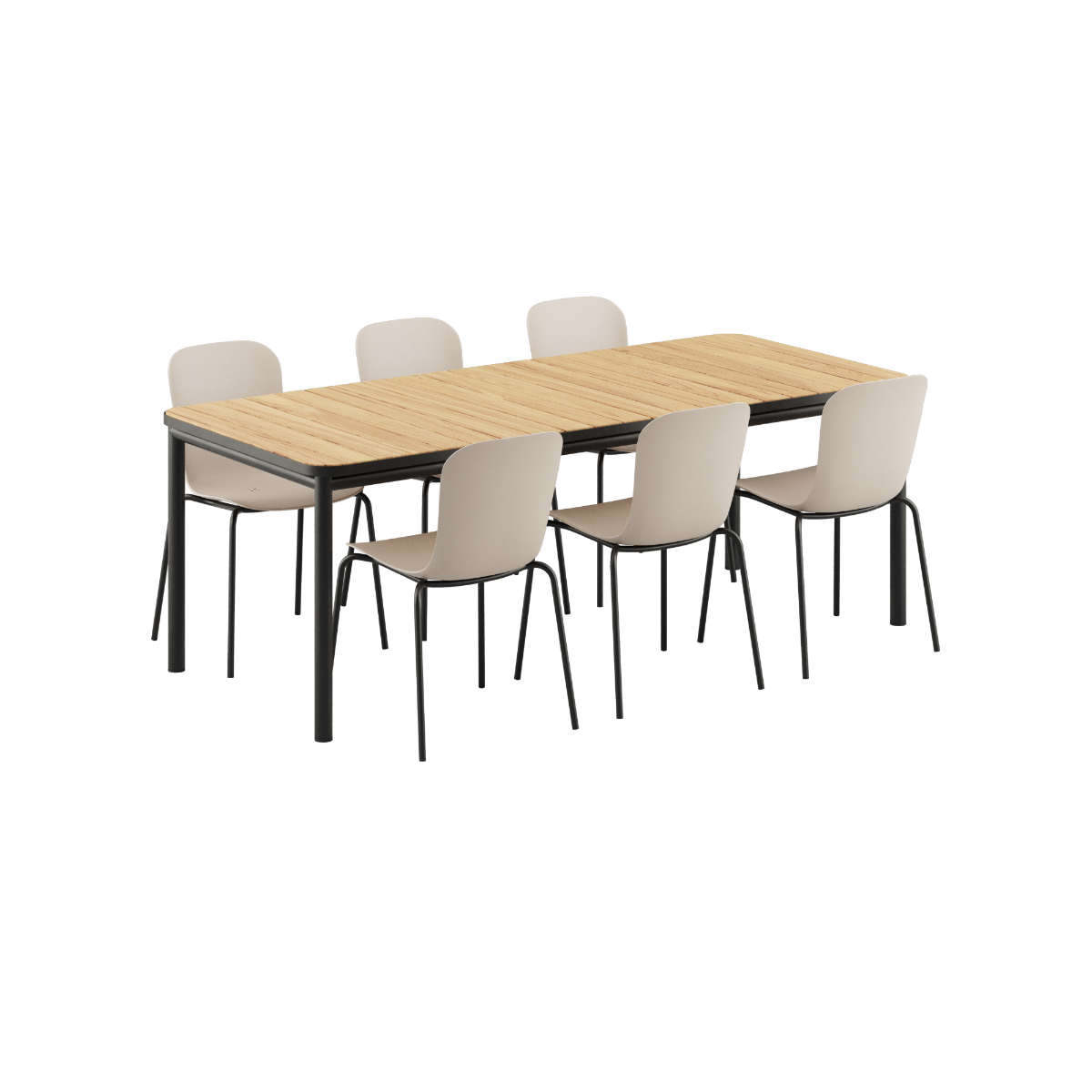 Kirra Dining Table 210x90 med keramisk bordplate og 6 Taupe/Noir Patio Chair no. One S1 stoler i aluminium og tekstil