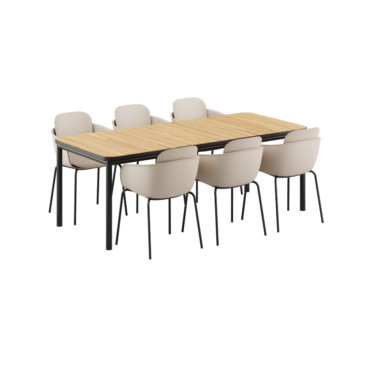 Kirra Dining Table 210x90 cm med keramisk bordplate og 6 taupe og svart Patio Chair no. One S2 stoler.