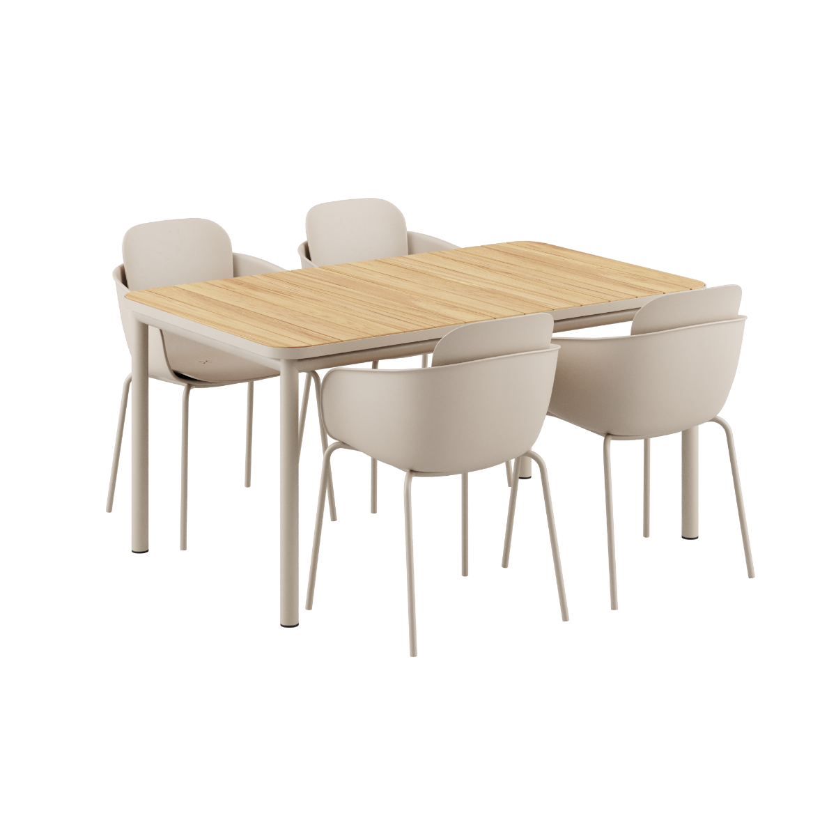 Kirra Dining Table 150x90 med taupe Patio Chair no. One S2 stoler i utemiljø.