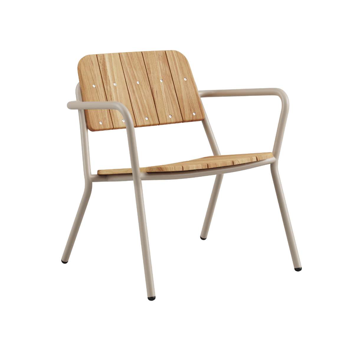 Kirra Patio Lounge Chair i taupe med pulverlakkert aluminium og FSC-sertifisert teak, lav og tilbakelent design.