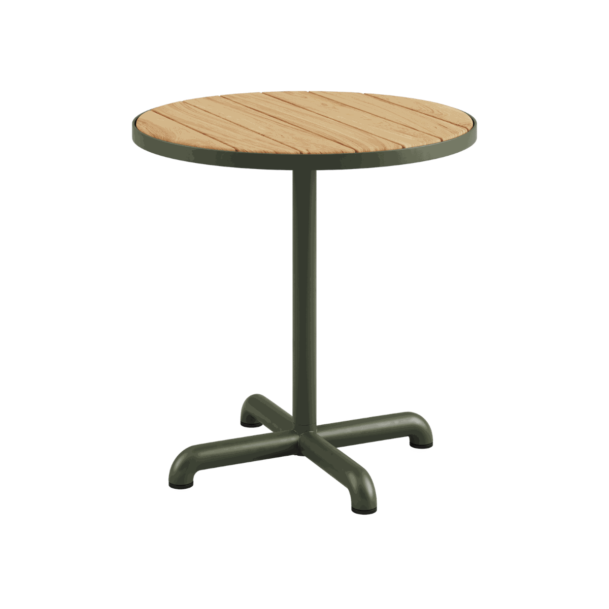 Kirra Café Table utendørs spisebord i pulverlakkert aluminium med olivengrønt teakbordplate.
