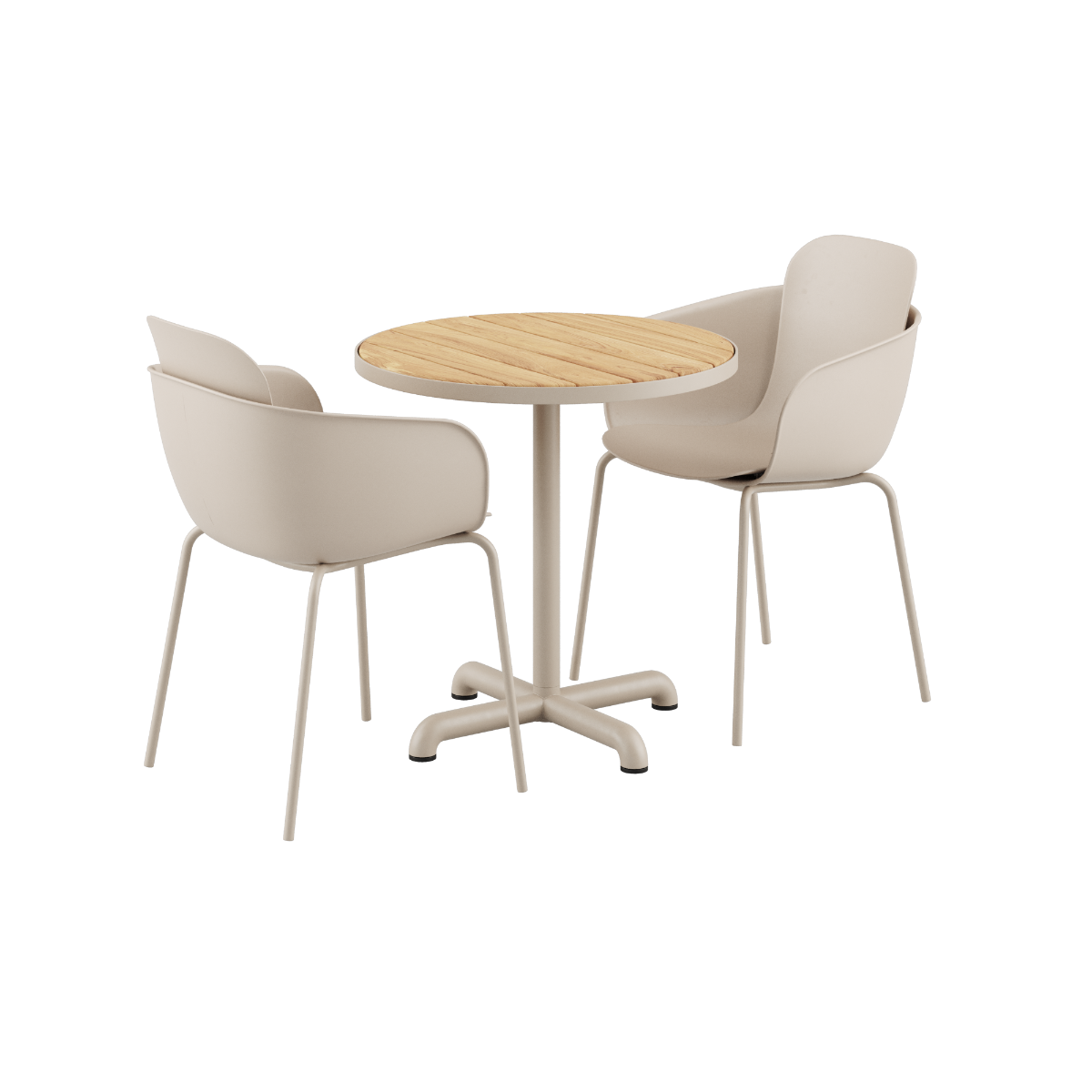 Kirra Café Table taupe med to Patio Chair no. One S2 i taupe, utendørs spisebord og stoler.