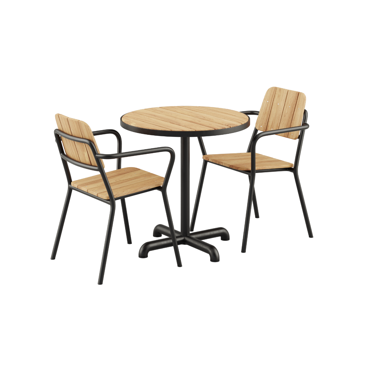 Kirra Café Table and 2 Kirra Patio Chairs in black with teak details, outdoor dining set.