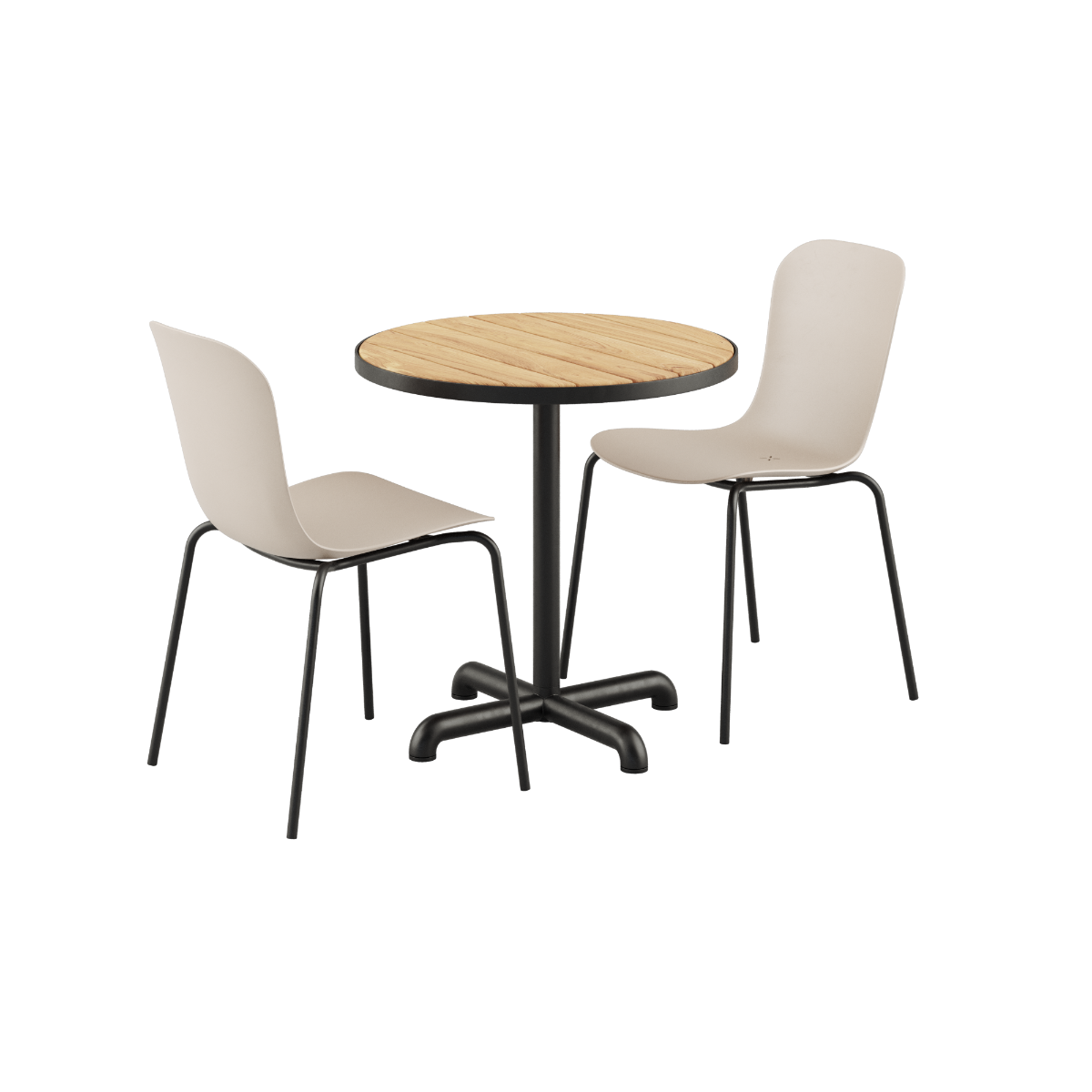 Kirra Café Table with round teak top and two taupe and black Patio Chair no. One S1 outdoor chairs.