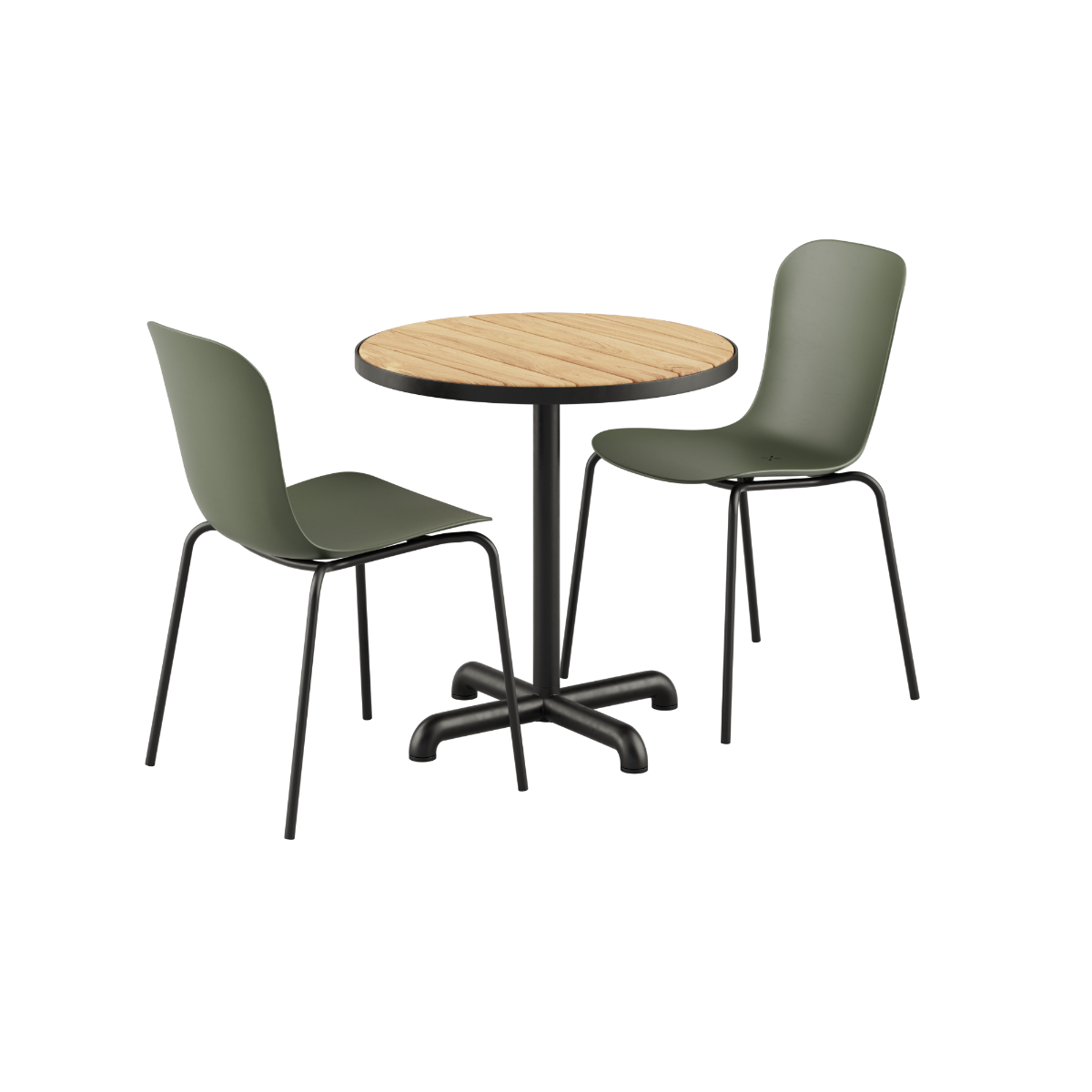 Kirra Café Table Noir med to Patio Chair no. One S1 i olive og noir, utendørs spisebord og stoler.