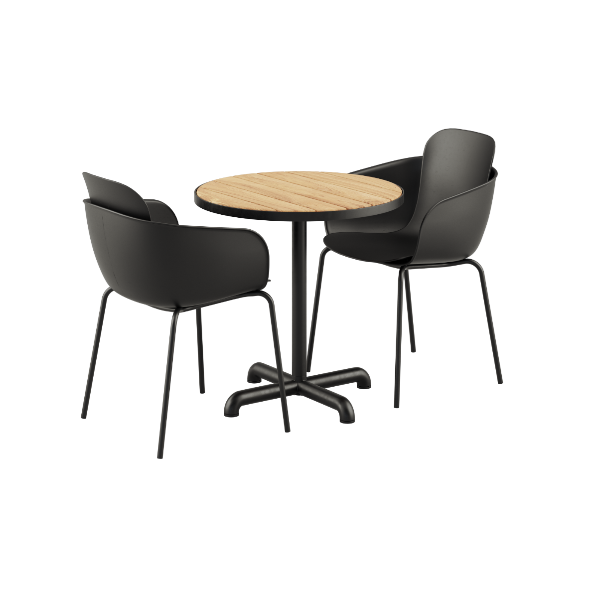 Kirra Café Table with round teak top and two black Patio Chair no. One S2 chairs in black.