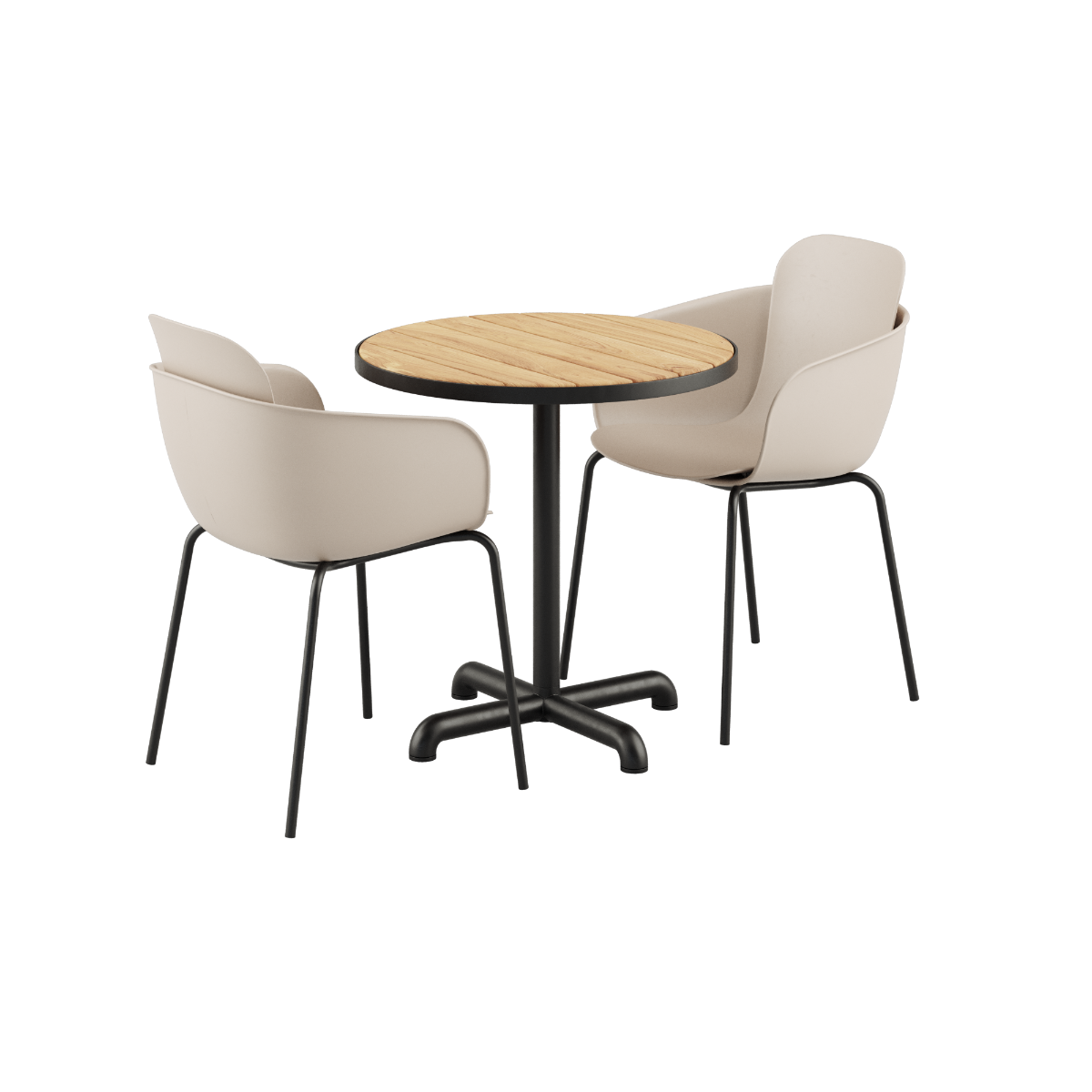 Rundt Kirra Café Table i teak med to Patio Chair no. One S2 stoler i taupe og noir farger.