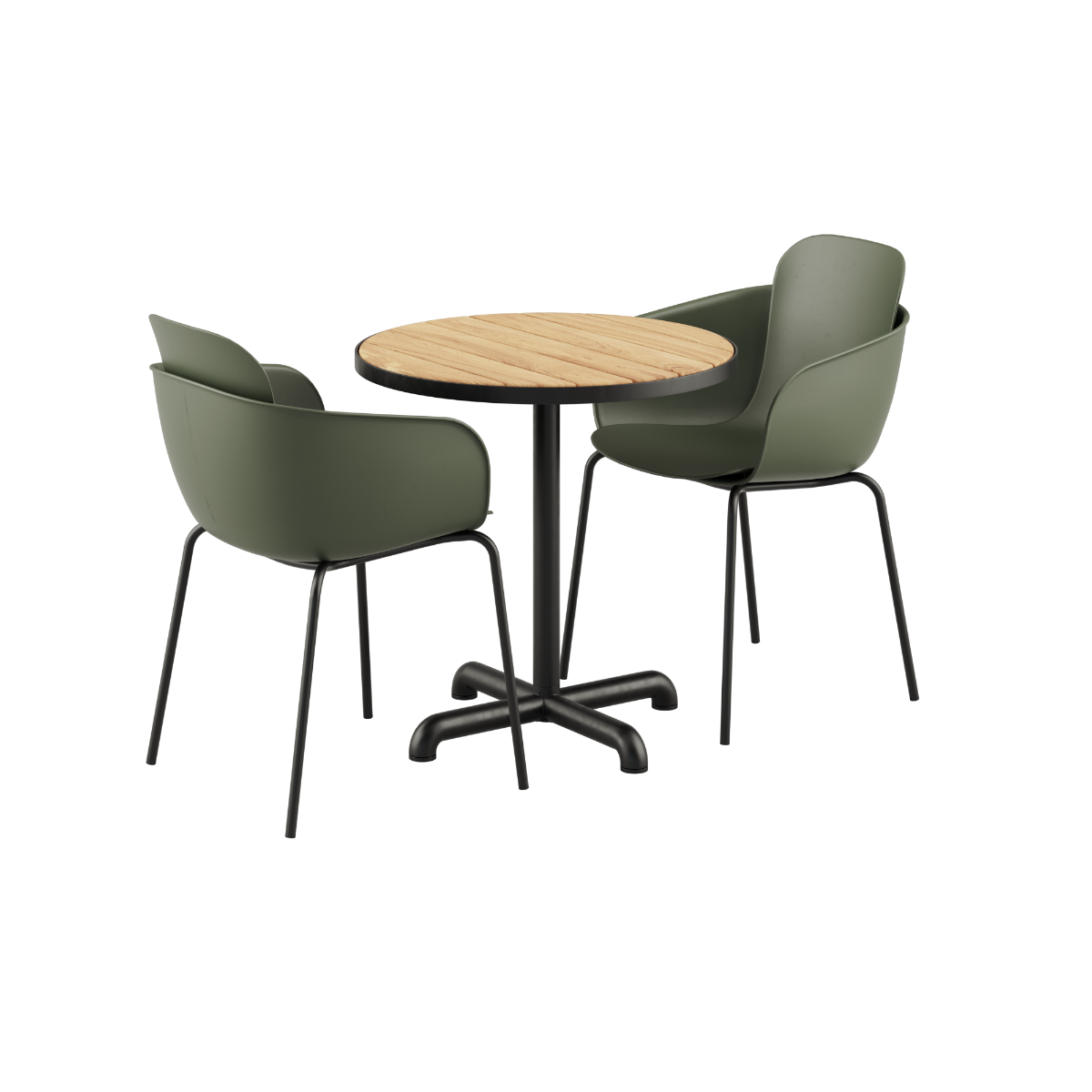 Rundt Kirra Café Table i teak med pulverlakkert svart ramme og to Patio Chair no. One S2 i olivengrønn og svart.