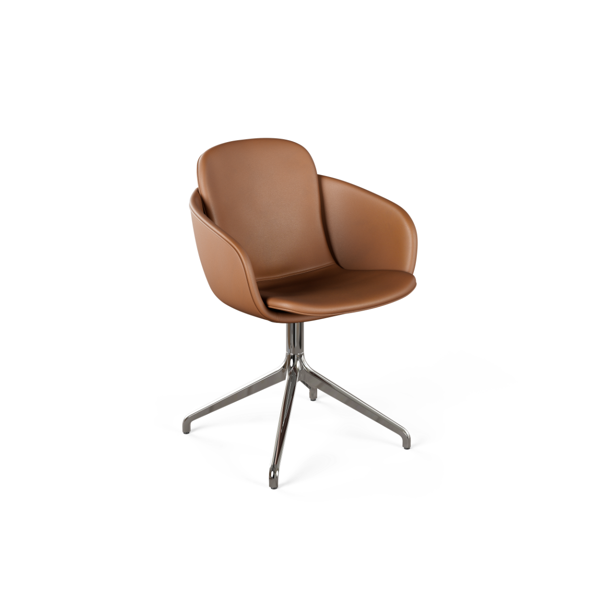 Chair no. One S2 in Terra Safari leather with polished aluminum swivel base and return swing function.