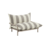 Stripete utendørs loungestol for to personer med myke grå og kremfargede puter samt slank beige metallramme fra sackit