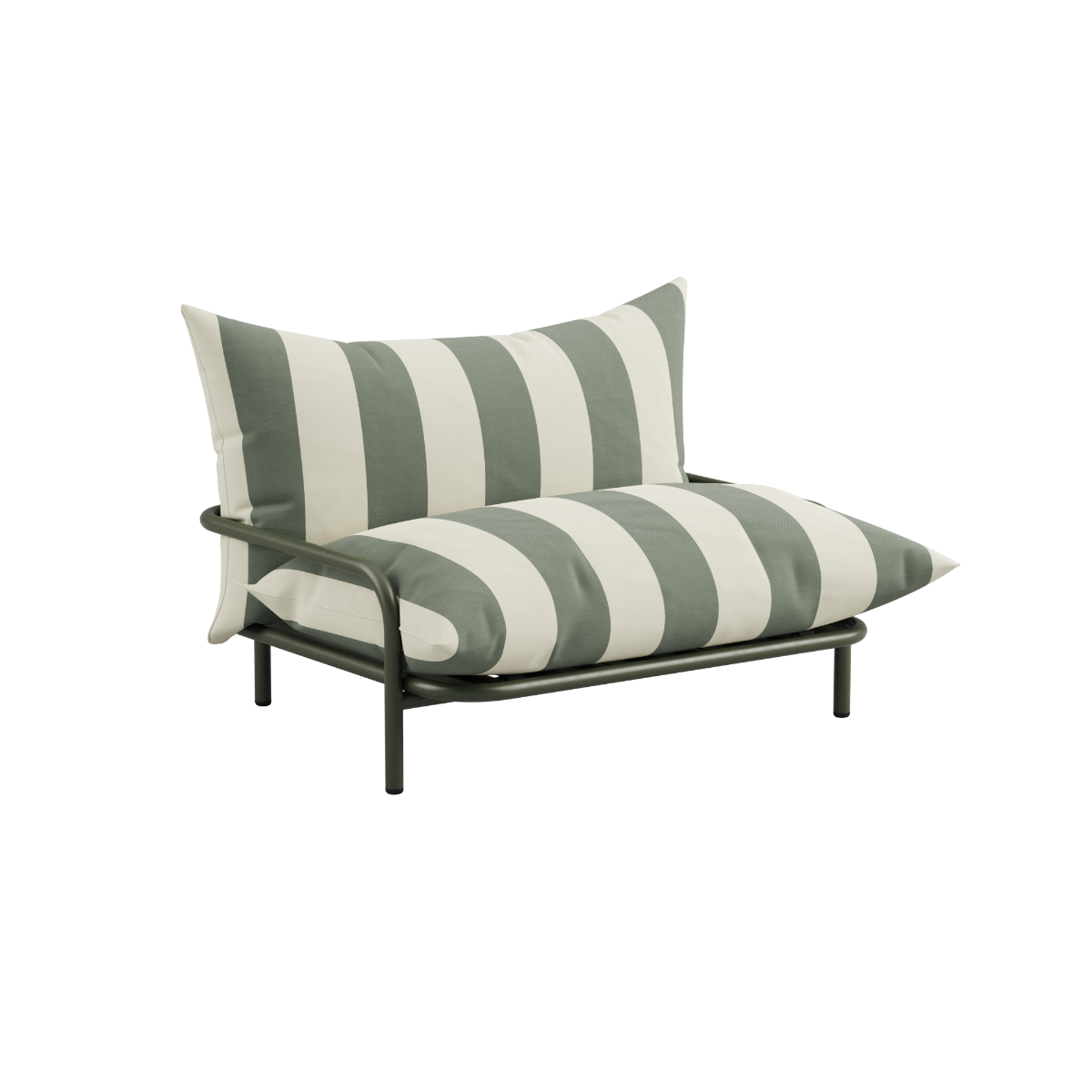 Stripete loungestol for utebruk i grønt og kremfarget tekstil med sort ramme fra sackit et dansk design for avslappede stunder ute