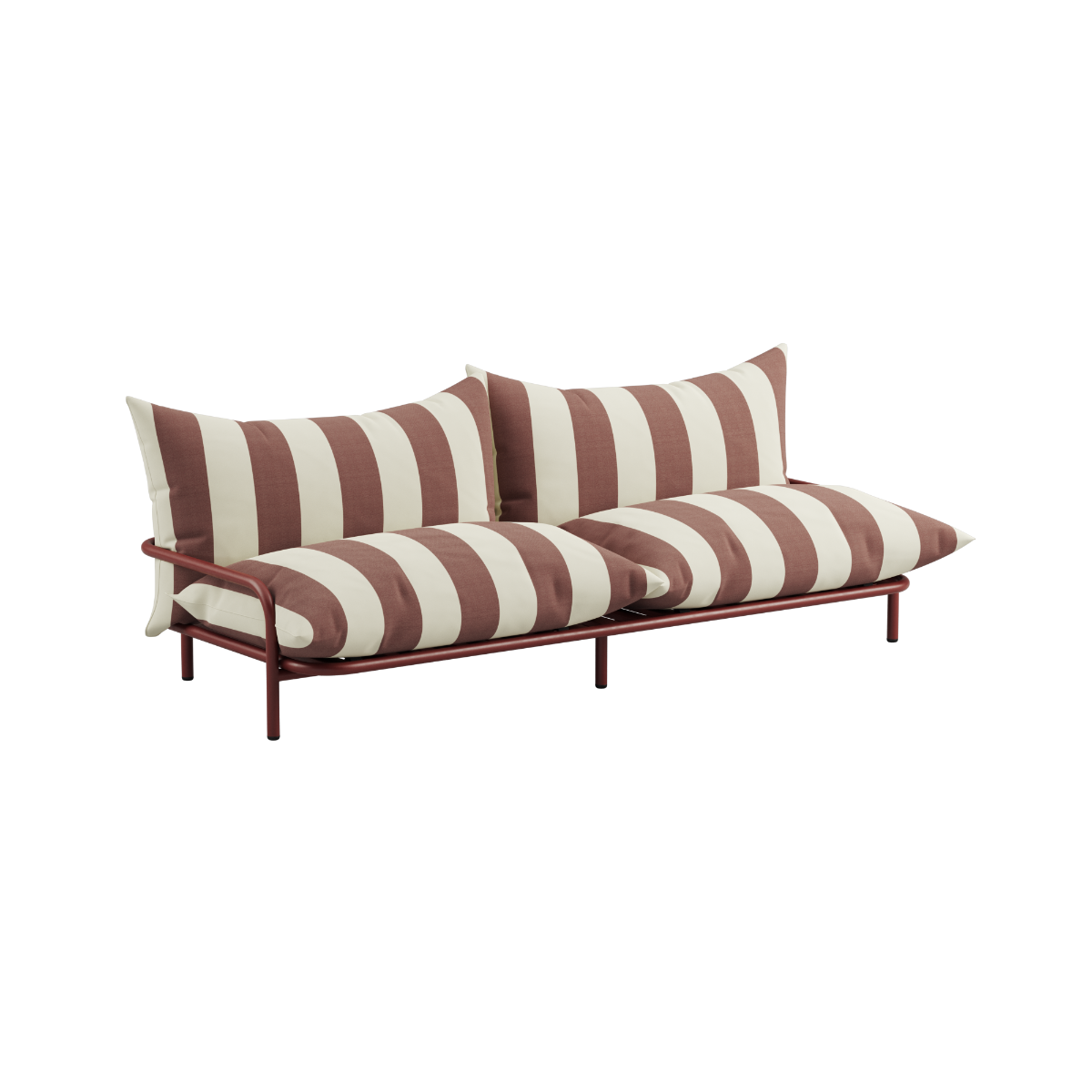 sackit Mollis loungesofa for to personer med stripete brune og kremfargede puter og dansk design for nordiske uteområder