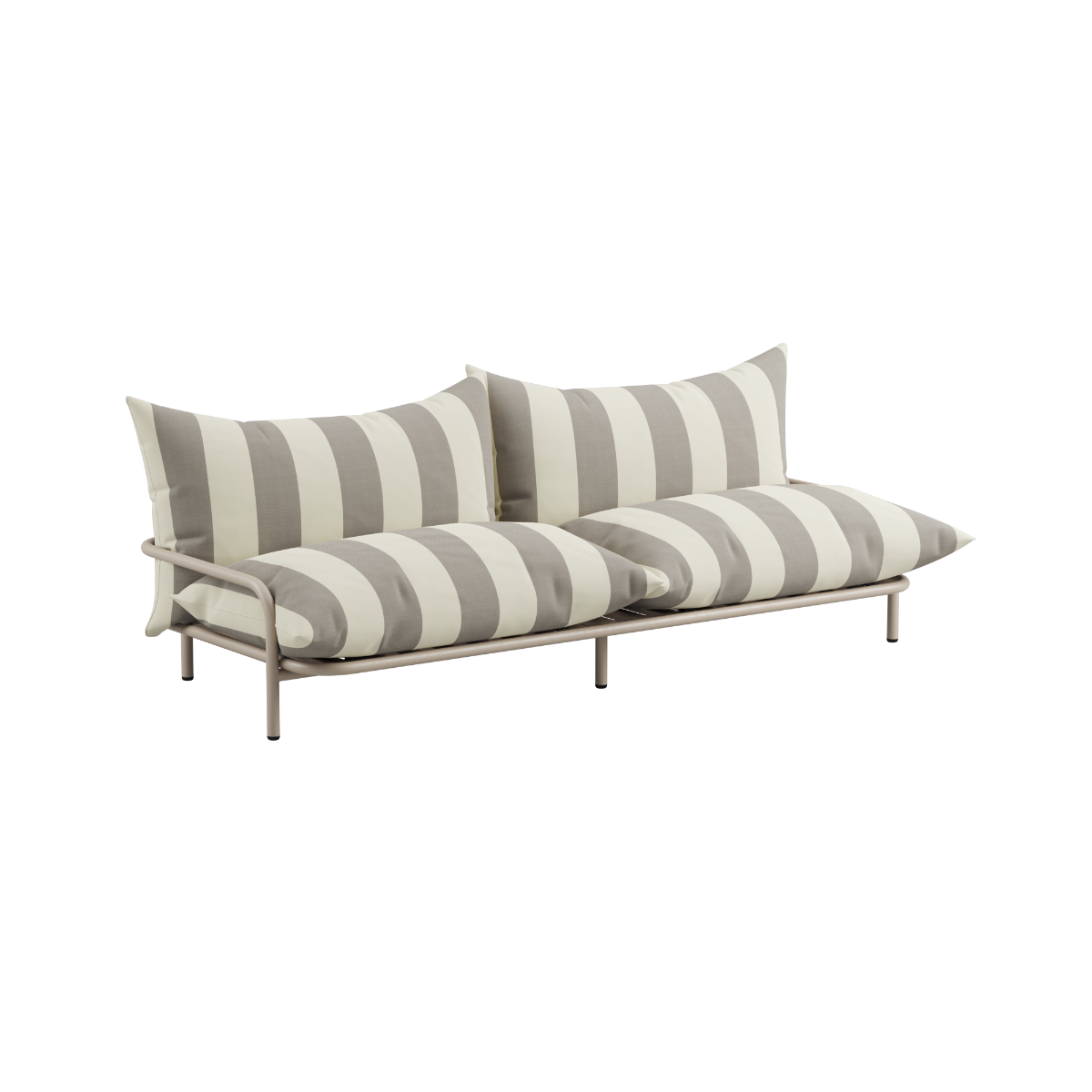 Stripete toseters loungesofa for utebruk med lysegrå og hvite puter samt slankt metallunderstell fra sackit#### Norway