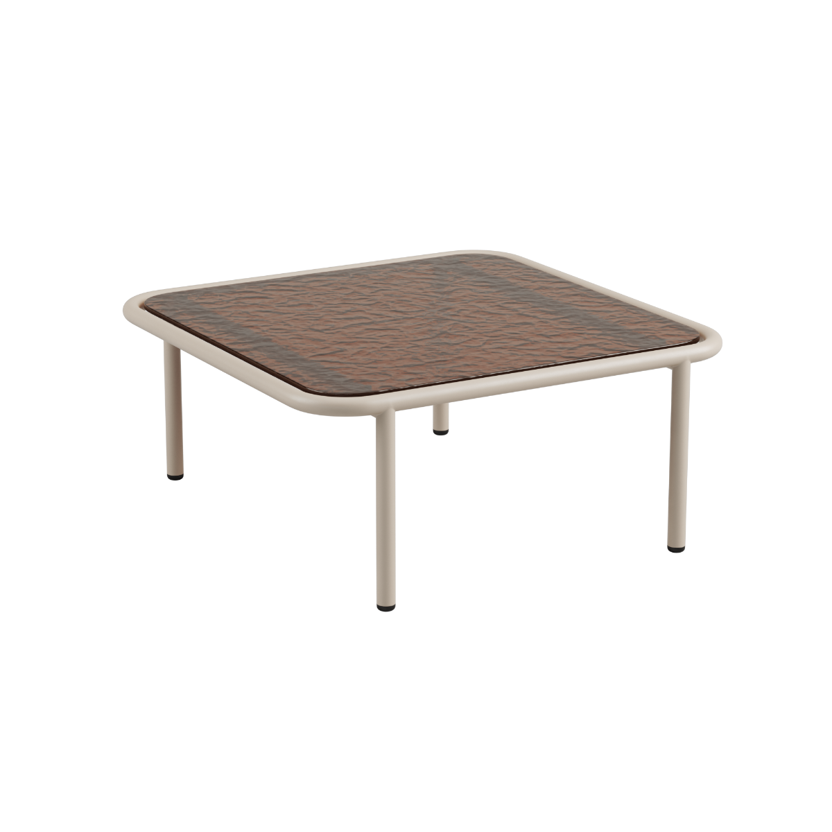 Mollis Coffee Table i taupe med pulverlakkert aluminiumsramme og røykfarget herdet glassplate.