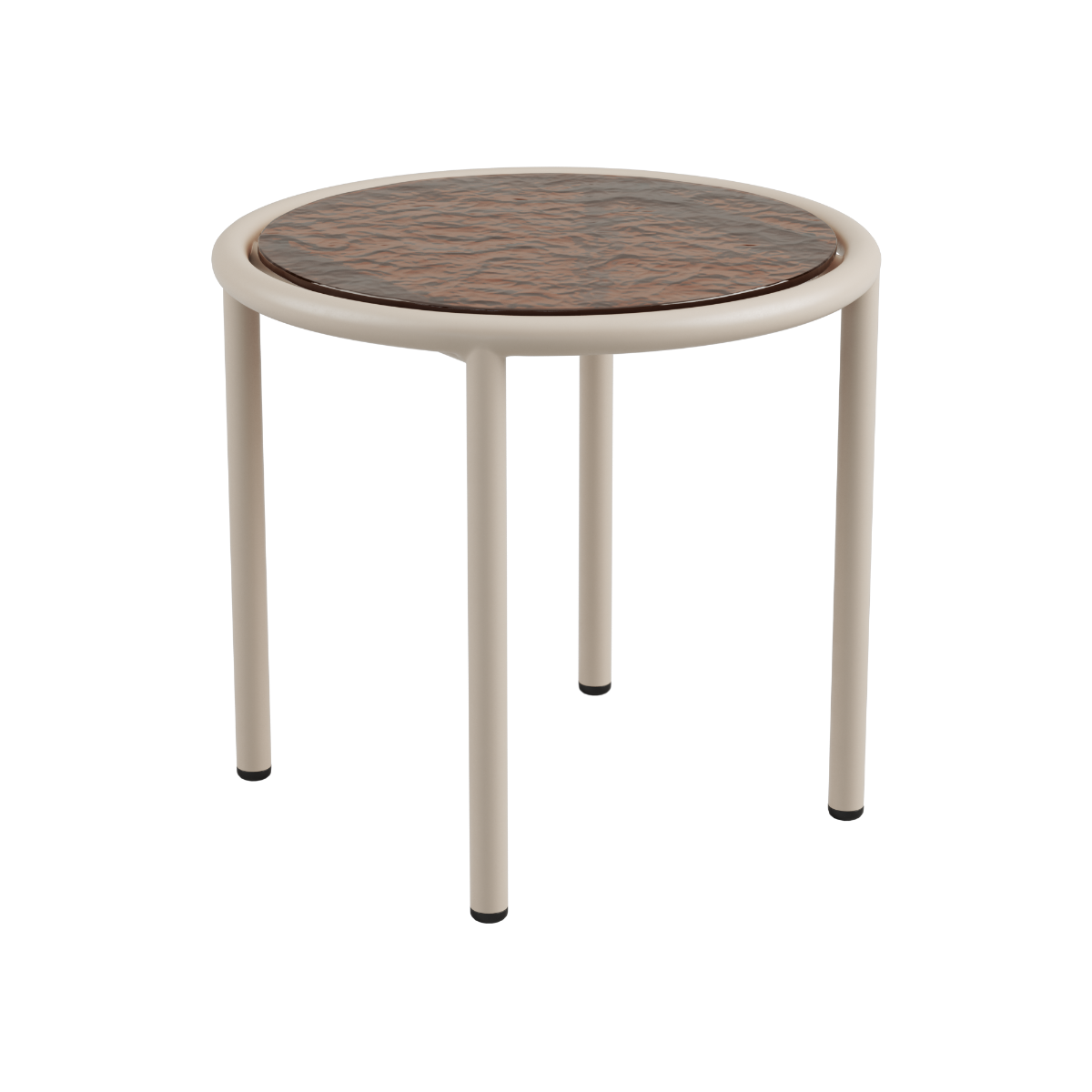 Mollis Side Table Ø50 i taupe med pulverlakkert aluminiumsramme og røykfarget herdet glassplate.