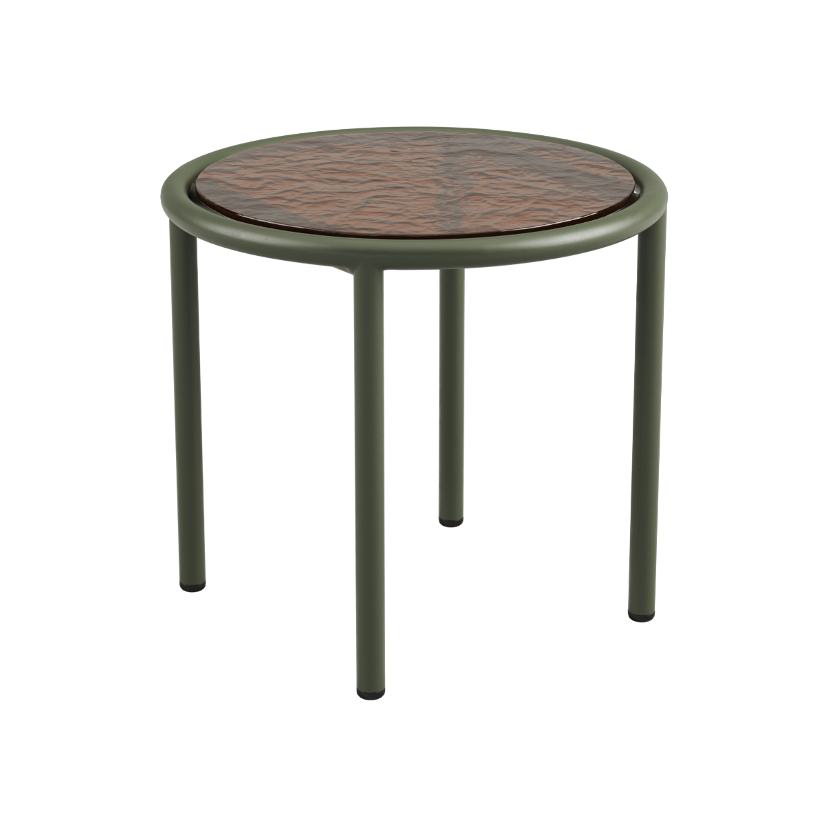 Mollis Side Table Ø50 i olivengrønn med pulverlakkert aluminiumsramme og røykfarget herdet glassplate.