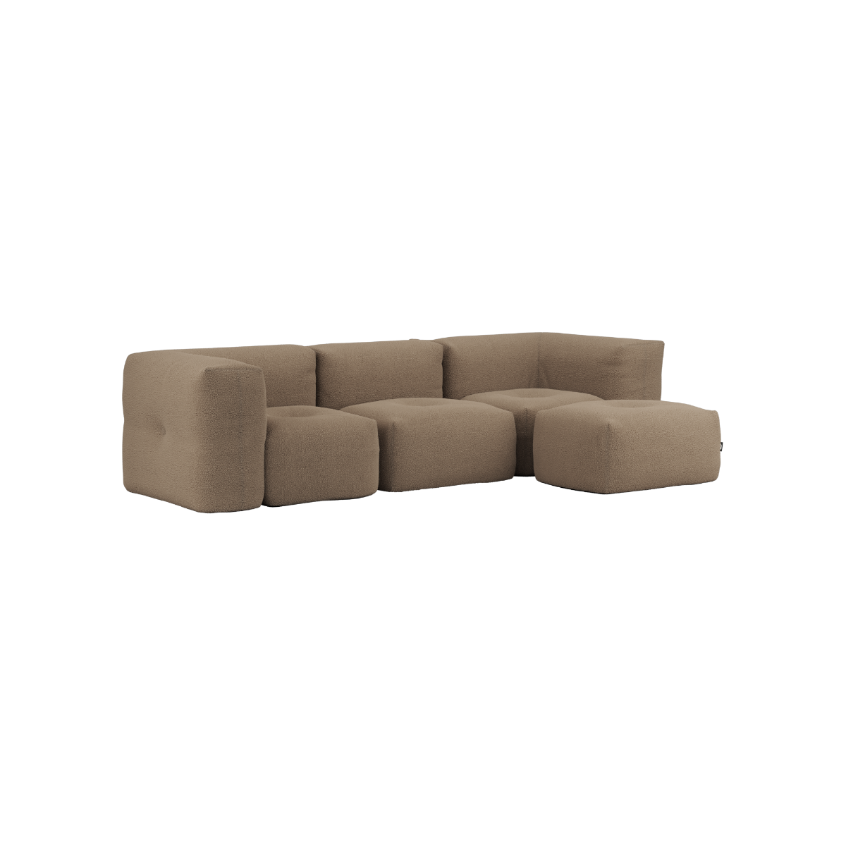 Soft Sofa Indoor 3-seter sofa i Teddy Brown stoff med puff, myk og modulær design.