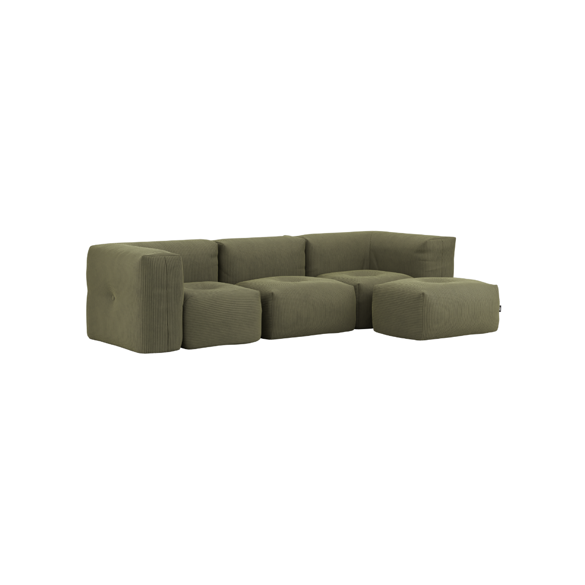 Soft Sofa Indoor 3-seter i olivengrønn corduroy med puff, modulbasert og myk sofa uten ramme.