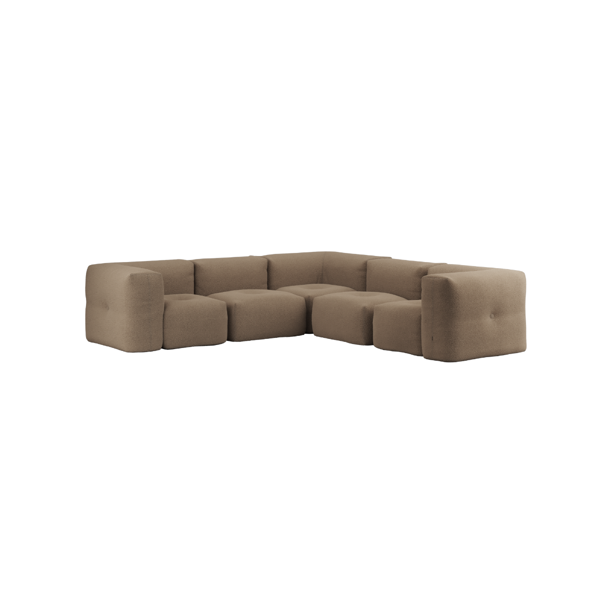 Soft Sofa Indoor 5-seter hjørnesofa i mykt Teddy Brown stoff, modulbasert design for innendørs bruk.