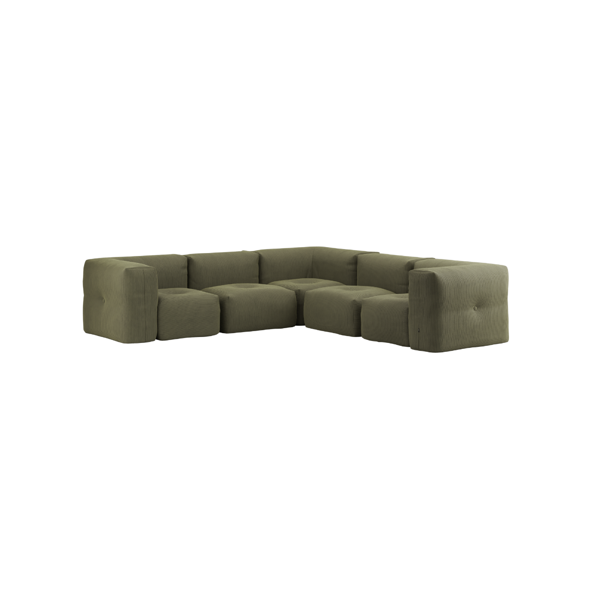 Soft Sofa Indoor 5-seters hjørnesofa i olivengrønn corduroy tekstil med modulær design.