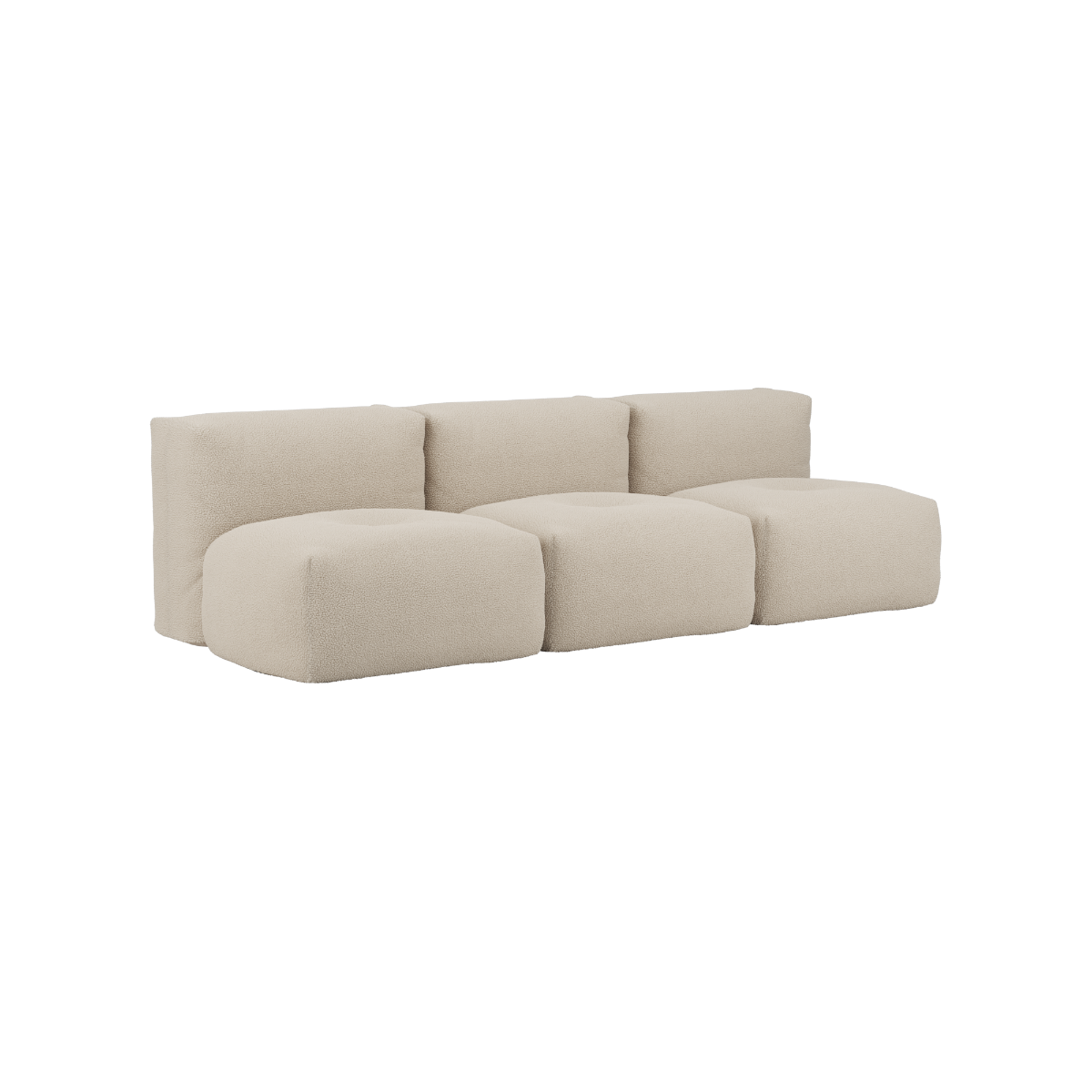Soft Sofa Indoor 3-seter sofa i Teddy Beige stoff uten puff, modulær og myk design for innendørs bruk.