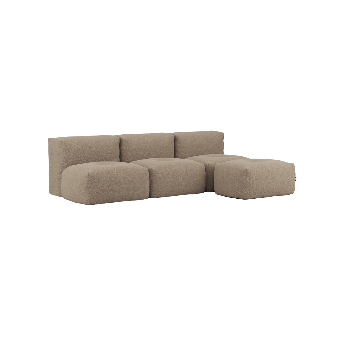 Brun Soft Sofa Indoor 3-seter med puff i mykt Teddy Brown stoff og modulær design.