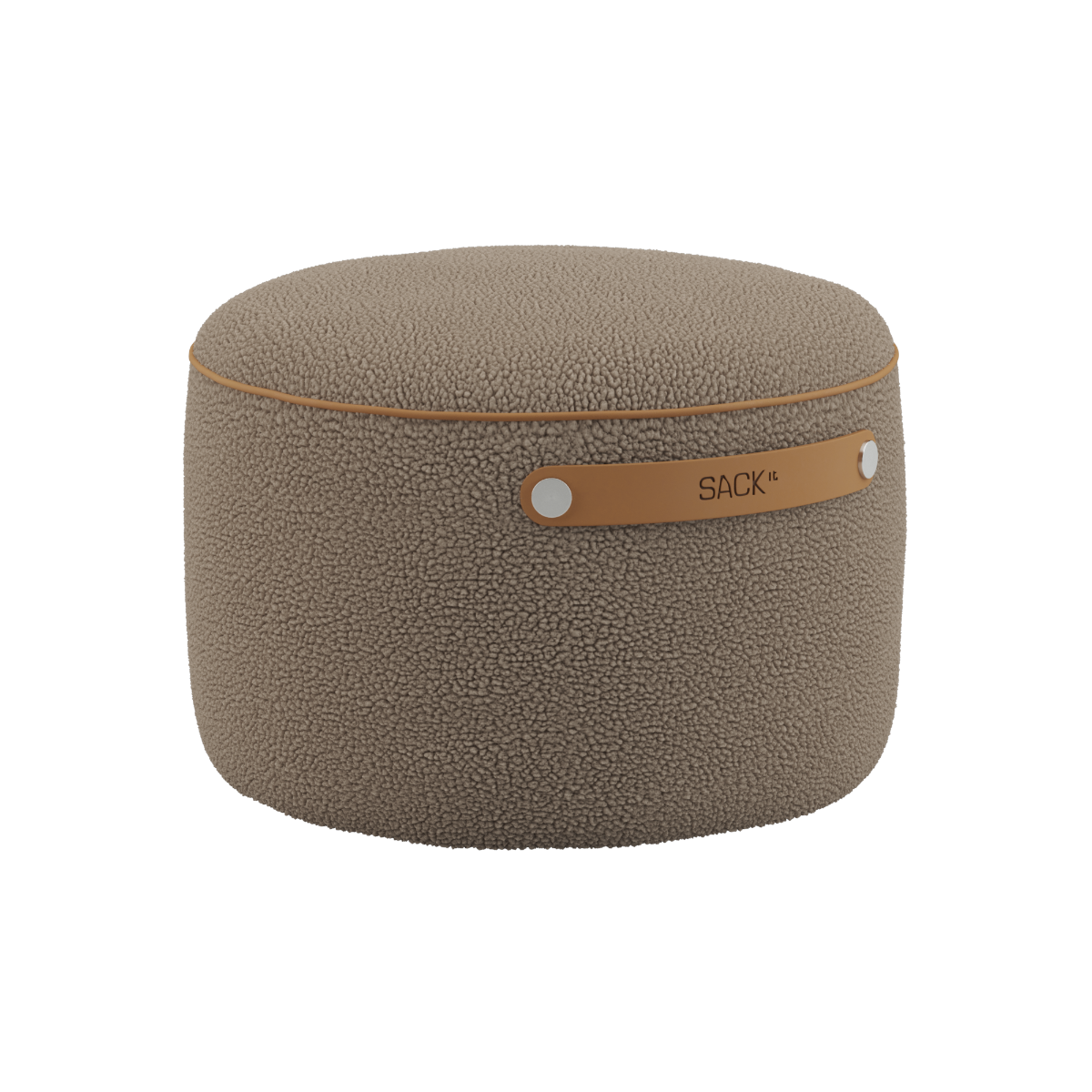 SACKit Pouf Indoor i Teddy Brown stoff, rund puf med kaldskumfylling og sklisikre punkter.