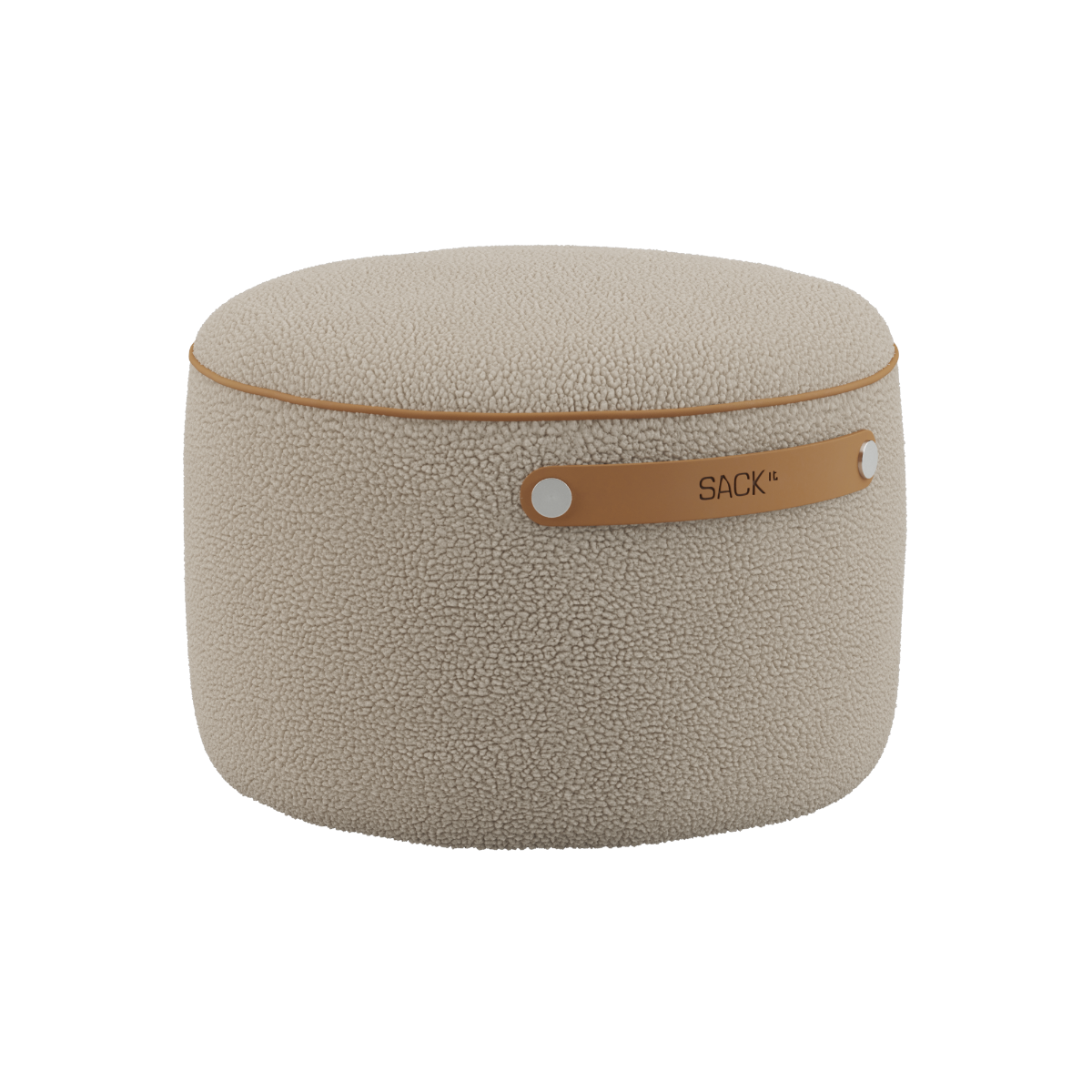 SACKit Pouf Indoor i Teddy Beige stoff, rund puf med sklisikre punkter og stropp på siden.
