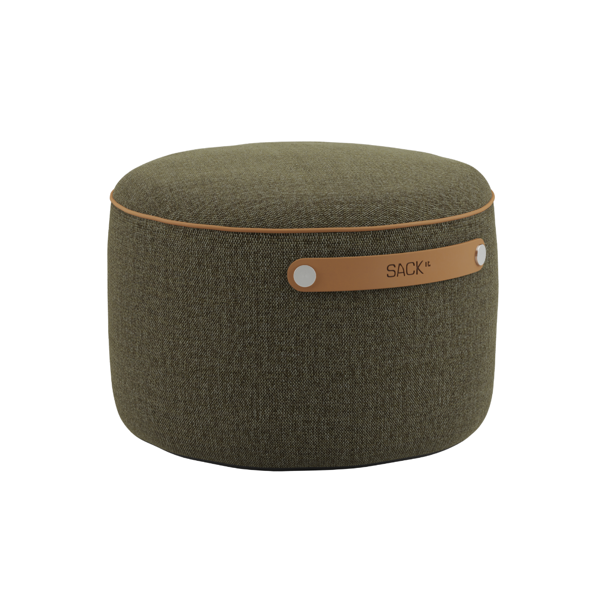 SACKit Pouf Indoor i olivengrønn Cosmo-tekstildesign, rund og kompakt puf med stropp på siden.