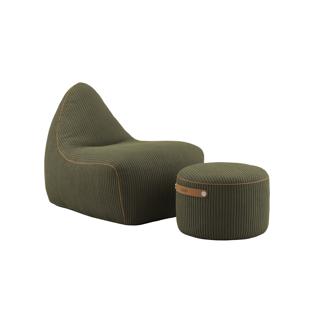 SACKit Chair & Pouf Indoor i olivengrønn kordfløyel med rund puf og stol med lav rygg.
