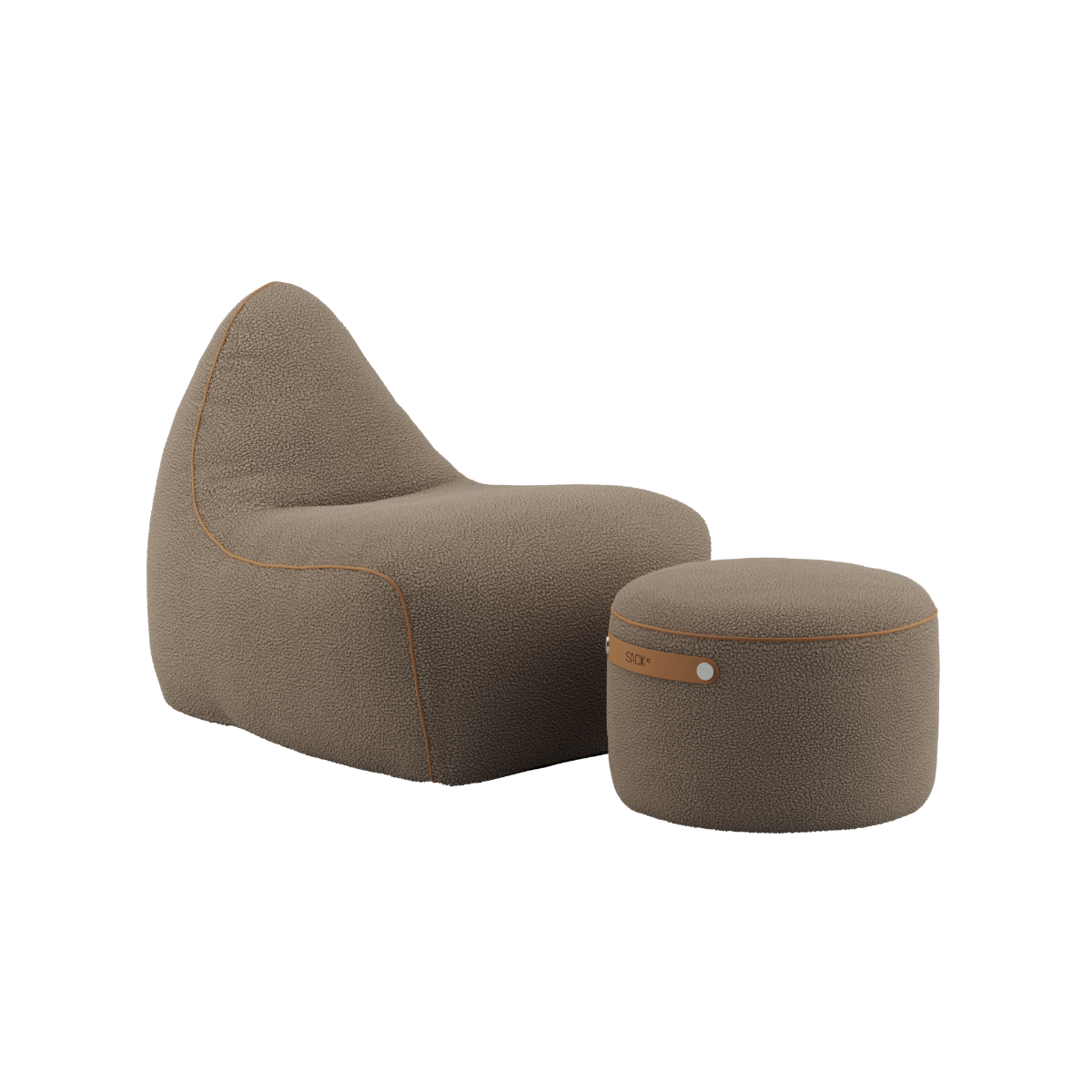SACKit Chair & Pouf Indoor i mykt Teddy Brown stoff med rund puf og komfortabel stol.
