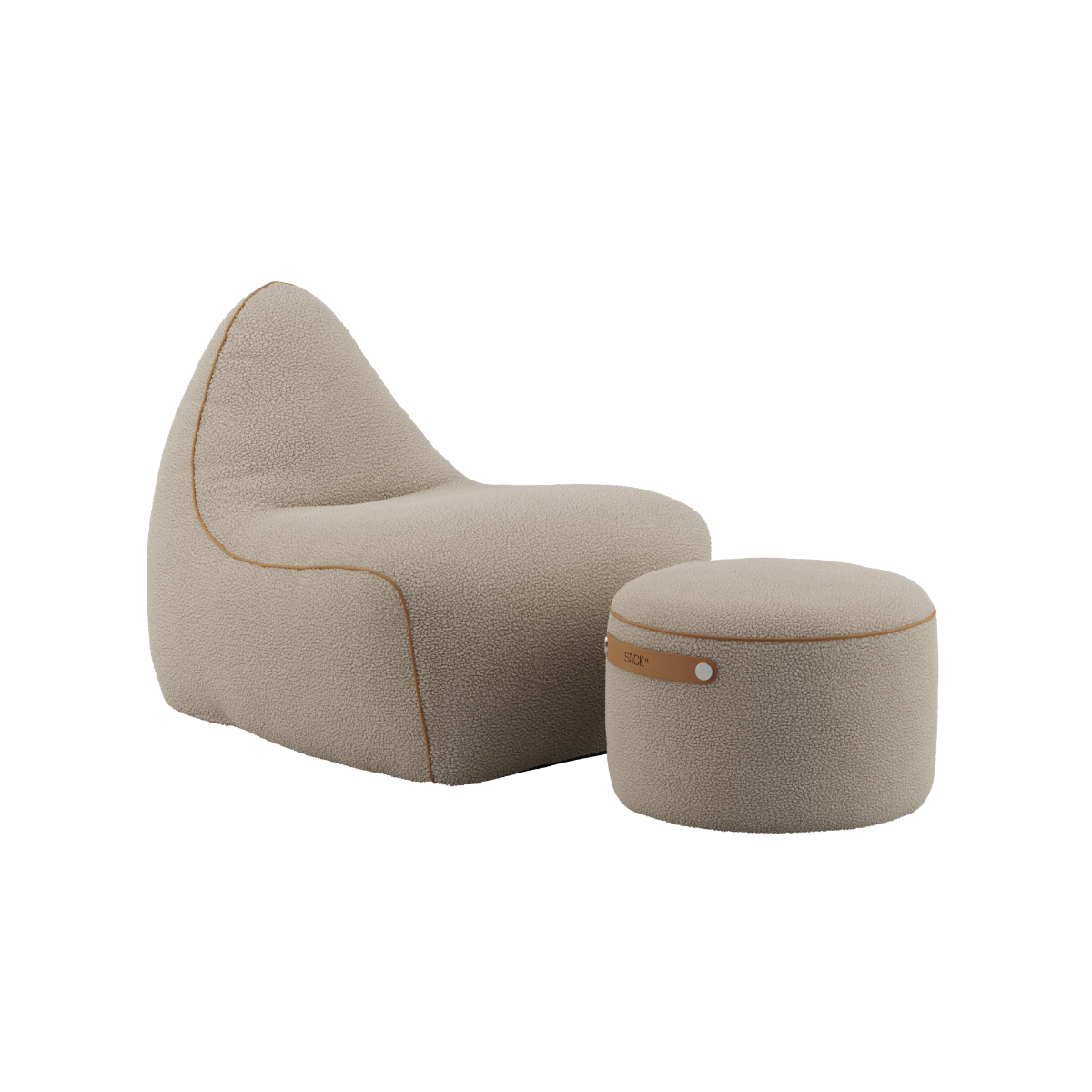 SACKit Chair & Pouf Indoor i myk Teddy Beige tekstil med rund puf og komfortabel stol.