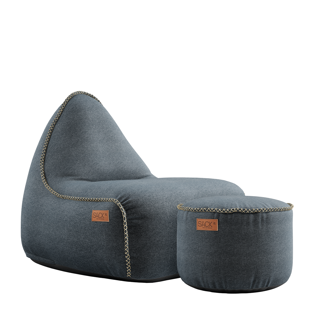 Canvas Lounge Chair og puf i petrolfarget lerretstoff med myk, formstøttende fylling.
