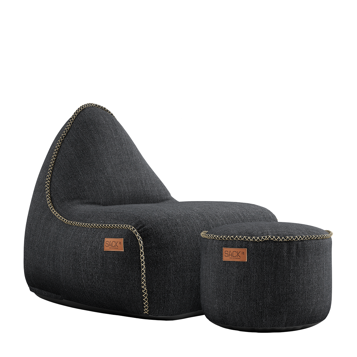 Cobana Lounge Chair og Pouf i svart, vanntett sakkosekk med ryggstøtte, dansk design.