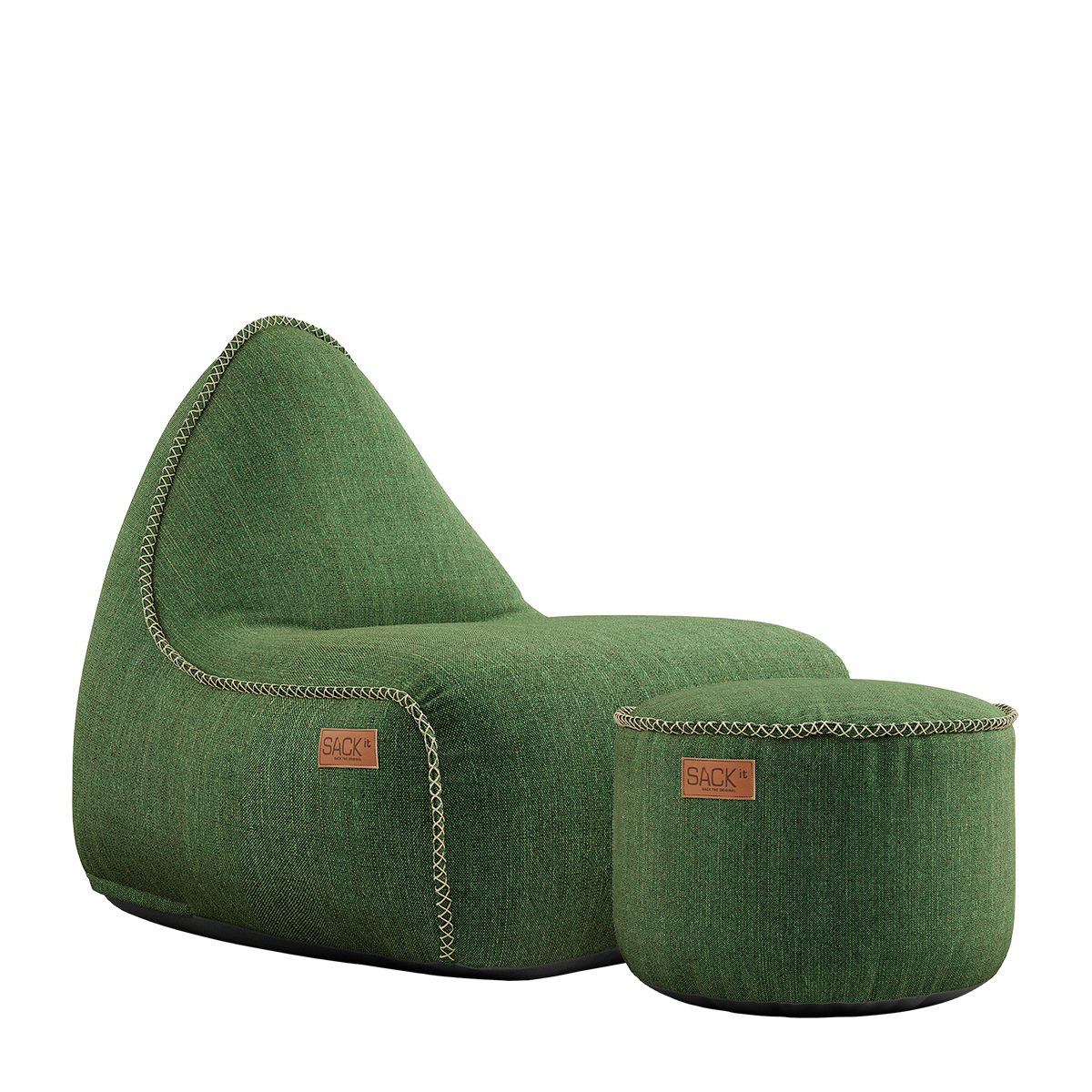 Grønn Cobana Lounge Chair og puf i vannavstøtende olefinfiber med rund form og myk fyll.