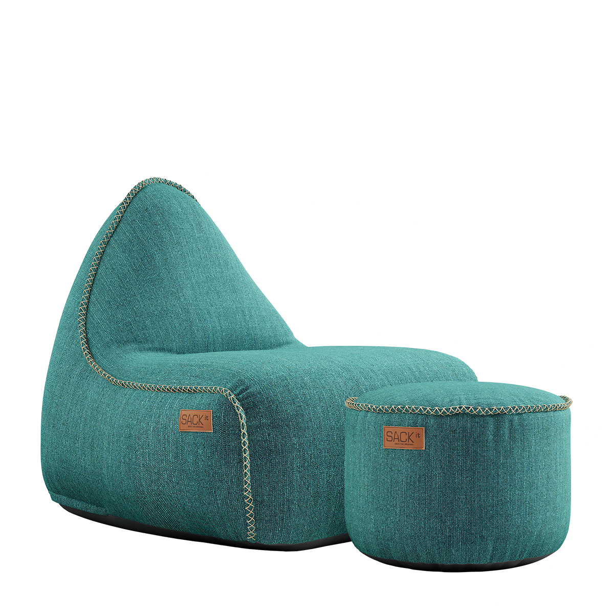 Cobana Lounge Chair og Pouf i petrol melange, vanntett og holdbar sakkosekk med ryggstøtte.
