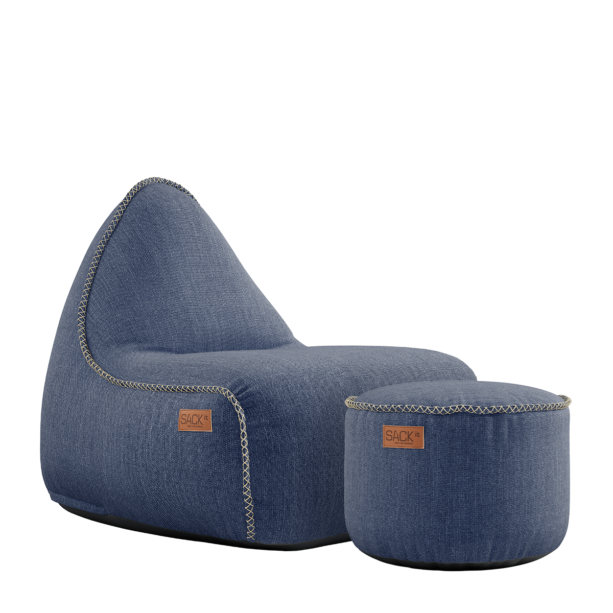 Cobana Lounge Chair og Pouf i Kirra Indigo, vanntett sakkosekk med ryggstøtte og rund puf.