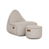 Cobana Lounge Chair og Pouf i Kirra Sand farge med mykt, vannavstøtende stoff og rund form.