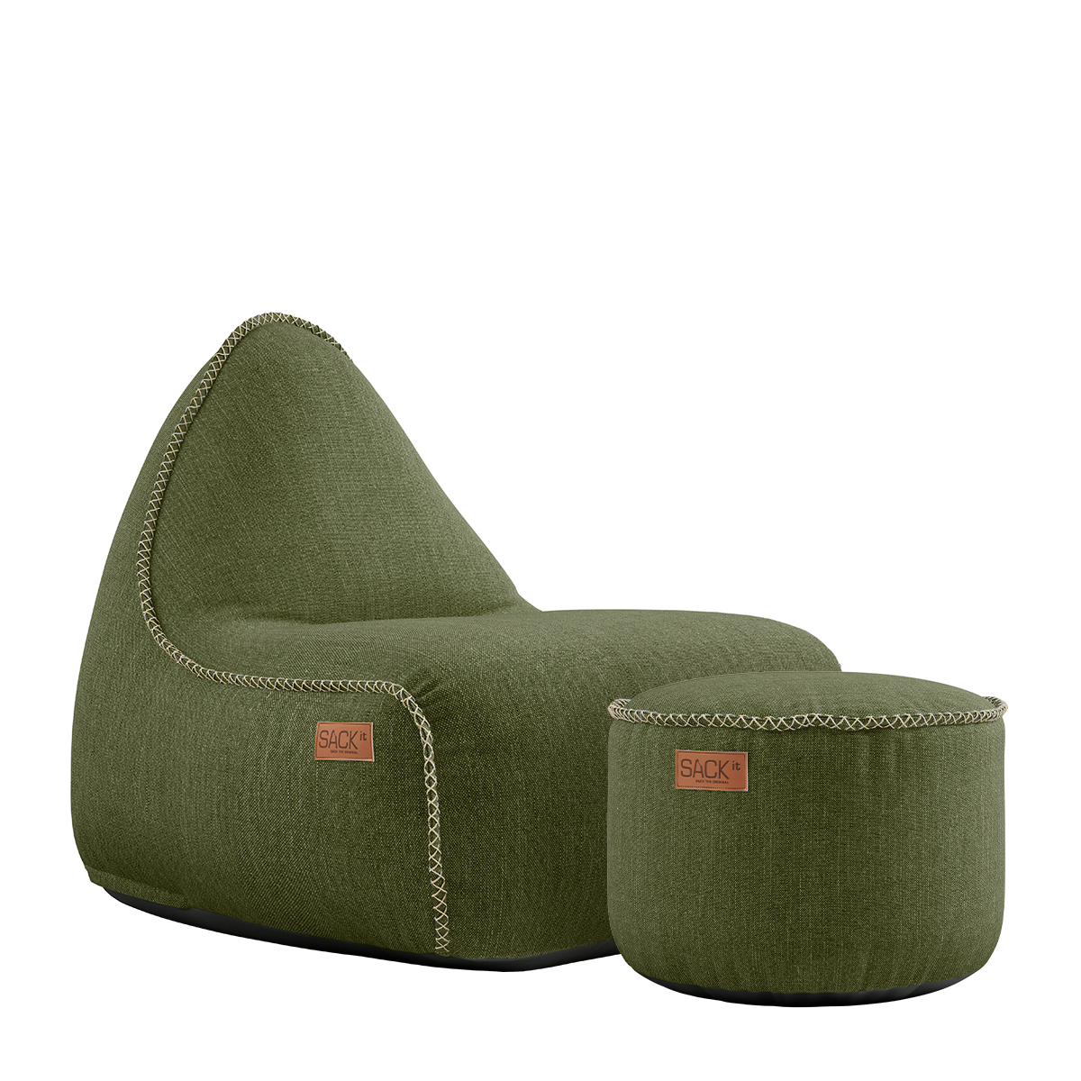 Kirra Olive Cobana Lounge Chair and Pouf in durable, water-resistant fabric with soft, rounded shapes.