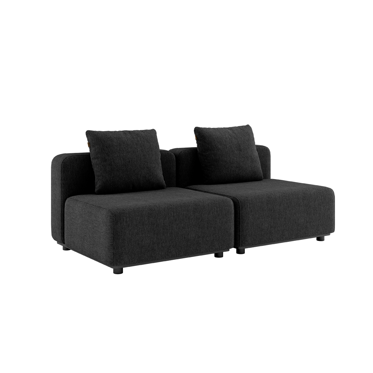 Cobana Lounge Sofa 2-seter i svart uten armlener og puff, modulær utendørs sofa i aluminium og tekstil.